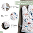 Maison d' Hermine 100% Cotton Oven Mitt & Pot Holder Set (7.5"x13" & 8"x8") Heat Resistant BBQ Cooking Gloves with Loop, Baking, Grilling, Kitchen, Handling Hot Pans (Ice Florals)