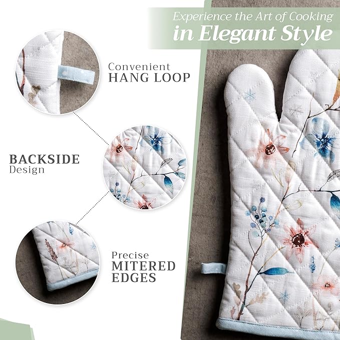 Maison d' Hermine 100% Cotton Oven Mitt & Pot Holder Set (7.5"x13" & 8"x8") Heat Resistant BBQ Cooking Gloves with Loop, Baking, Grilling, Kitchen, Handling Hot Pans (Ice Florals)