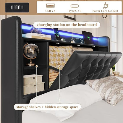 Full Bed Frame with Drawers, Hidden-Cubby & Shelves Storage Headboard with - Image 4