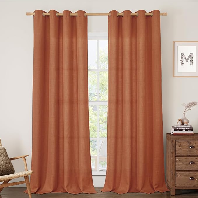 Terracotta Linen Curtains for Living Room 102 Inch Length 2 Panels | Rust Fall by LAMIT