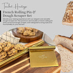 French Rolling Pin and Dough Scraper Set | Gold Bench Scraper Tool | Rolling Pin For Dough | Bread Making Accessories | Metal Bread Dough Cutter | Sourdough Scraper | Rolling Pin for Baking, small