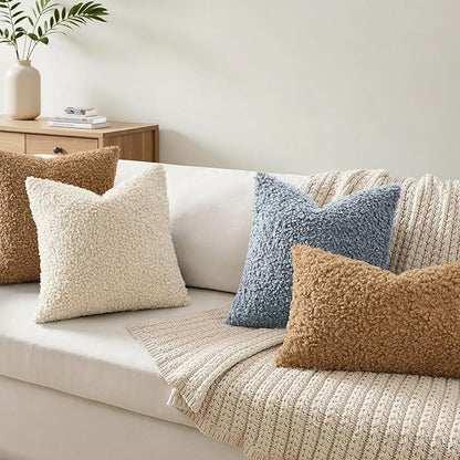 Faux Fur Throw Pillow Covers 18x18 Inch Set of 2 Boucle Neutral Decorative - Image 2