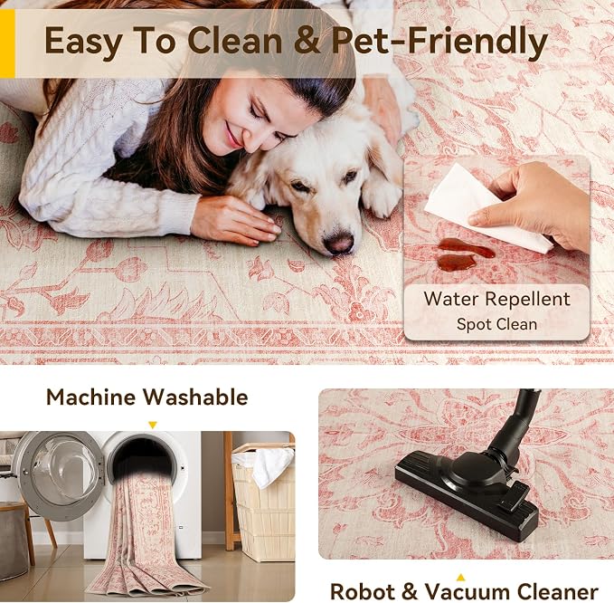 RELEANY Washable Area Rug, Water Repellent, Pet Friendly, Vintage Floral Boho - Image 6