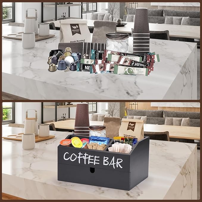 Coffee Station Organizer, Wood Coffee Bar Accessory with Drawer, K Cup Condiment Organizer & Pod Holder (30x20x16cm) - Black