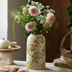 Vintage Ceramic Vase, 10.6 Inch Chinoiserie Sunflower Yellow Floral Vases, Retro Ice Cracked Rustic Antique Flower Vases for Modern Room Bathroom Shelf Home Decor (Large Cylinder)