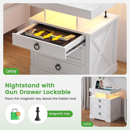 HNEBC Night Stand with Gun Drawers, Farmhouse Nightstand with Charging Station - Image 6