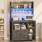 Itaar Coffee Bar Cabinet, Bakers Rack with Power Outlet and Storage, Farmhouse Microwave Stand Kitchen Cabinet with Hutch, LED Lights, Wine Glass Holder and 8 Hooks (Grey)