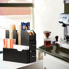 SZQINJI Coffee Condiment Organizer 11-Compartment Breakroom Coffee Station Organizer Countertop Cup Storage with 2 Drawers Black