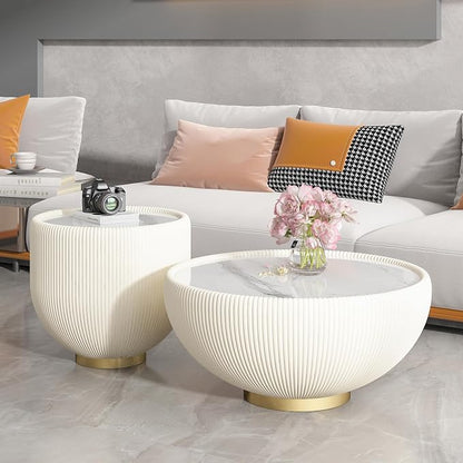 Henf Marble Round Side Table, 19.7" Fluted End Table - Image 4
