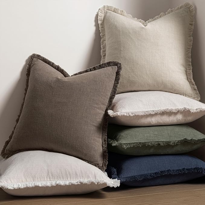 MIULEE Linen Fringe Decorative Fall Euro Throw Pillow Covers Coffee 26x26 | Set - Image 5