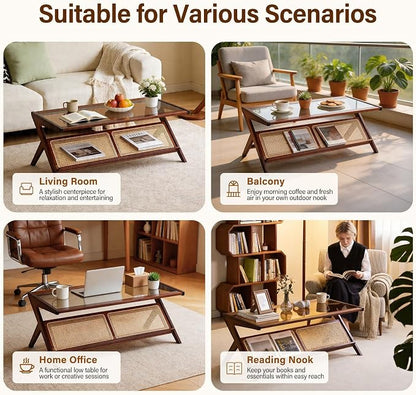 Tiita Rattan Coffee Table, Bamboo Accent Bedside Tables, Glass Nightstand Side - Image 6