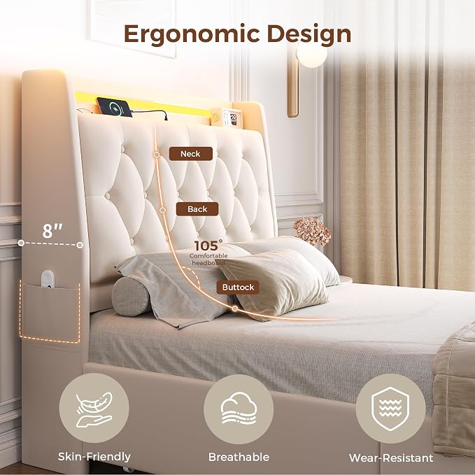 Twin LED Velvet Bed Frame with 2 Storage Drawers&Hidden Headboard, Upholstered - Image 5