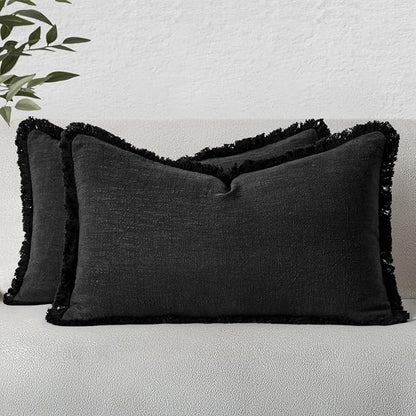 MIULEE Boho Linen Fringe Decorative Lumbar Throw Pillow Covers Black 12x20 | by MIULEE