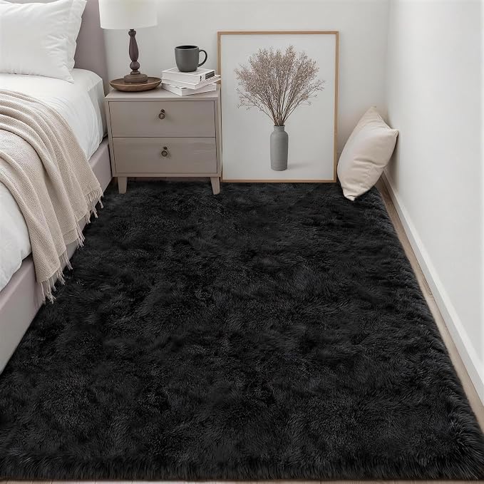 Area Rug Living Room Bedroom: 4x6 Fluffy Plush Shag Carpet Black | - Image 3