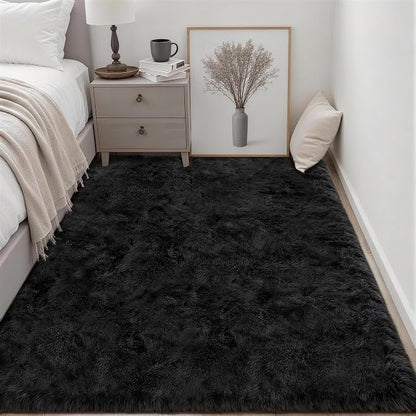 Area Rug Living Room Bedroom: 6x9 Fluffy Plush Shag Carpet Black | - Image 3
