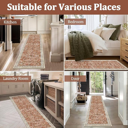 Yamaziot 2x12 Washable Hallway Runner Rug Non Slip Floral Carpet, Brick-red | - Image 6