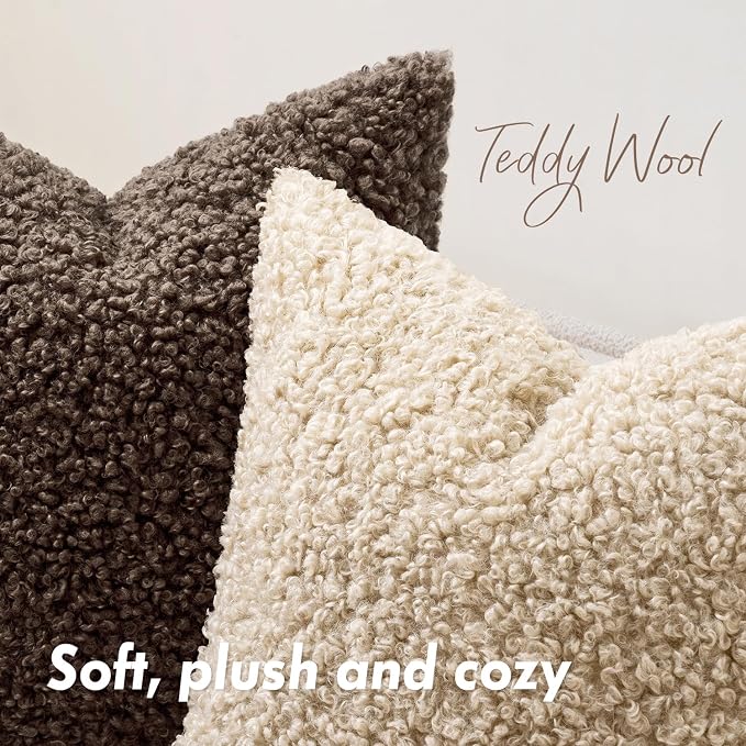 Faux Fur Throw Pillow Covers 20x20 Inch Set of 2 Boucle Neutral Decorative - Image 2