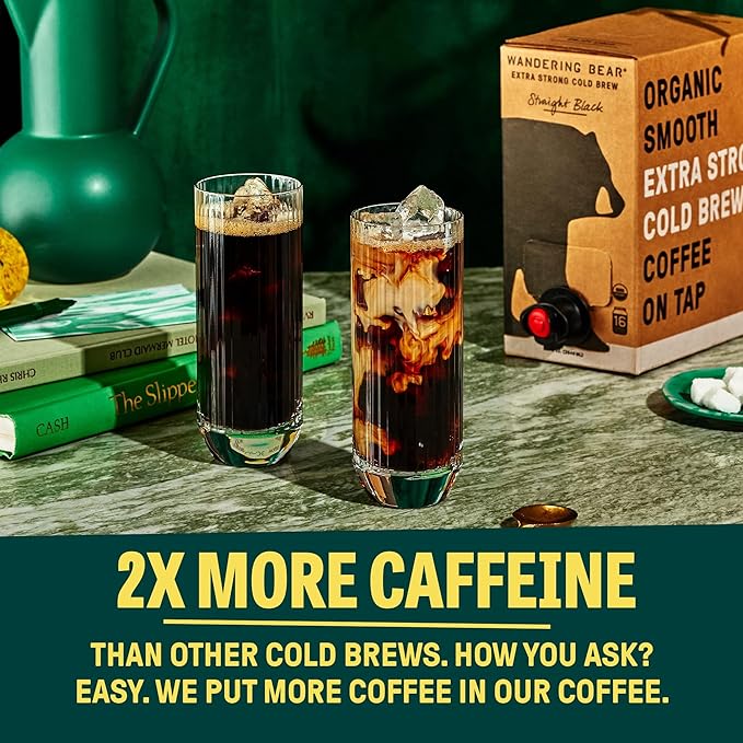 Wandering Bear Straight Black Organic Cold Brew Coffee On Tap, 96 fl oz - Extra Strong, Bold, Smooth, Unsweetened, Shelf-Stable, Ready to Drink, 100% Organic, Iced Cold Brewed Coffee Drinks
