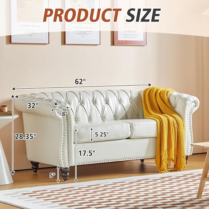 Chesterfield Loveseat Sofa, Modern Leather Small Sofa Couch 2 Seater - Image 2