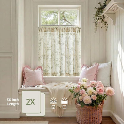 Green on Beige Linen Kitchen Curtains Rod Pocket 26W X 36L 2 Panels | Elisa - Image 4