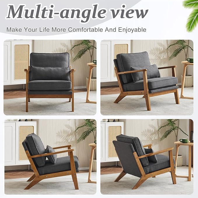 VINGLI Solid Wood Wide Armrests Accent Chair, Upholstered Mid Century Modern - Image 8