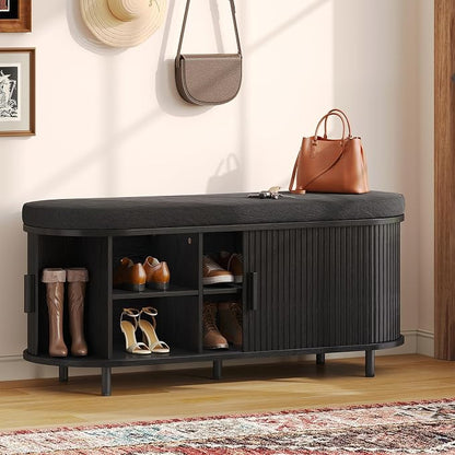 Oval Shoe Storage Bench with Padded Seat Cushion, 2-Tier Fluted Shoe Cabinet by ComfyCorner
