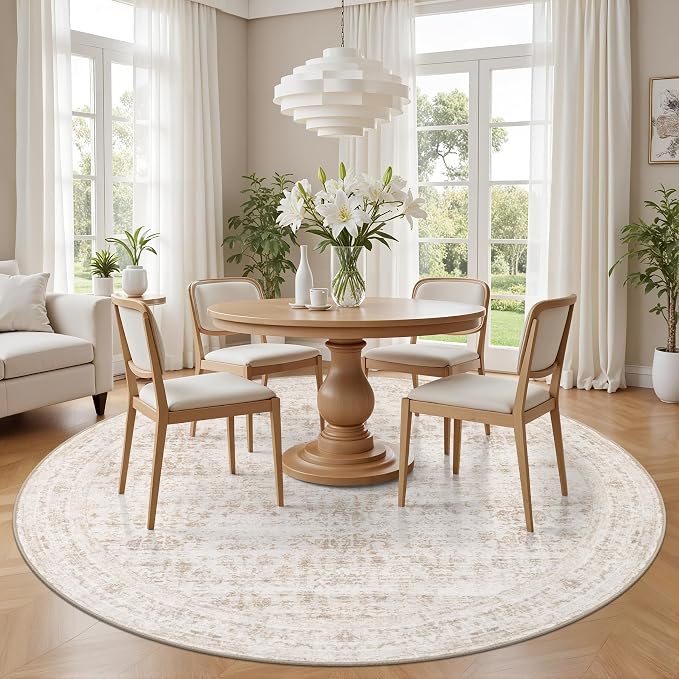 Round Area Rug for Living Room: 8ft Boho Washable Rug Beige Brown | Vintage - Image 3