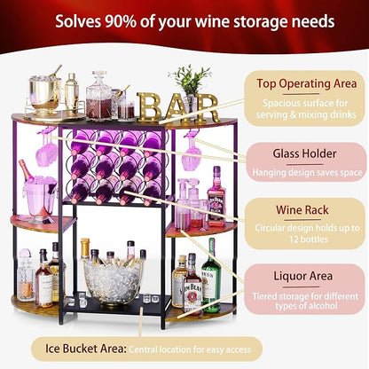 JKsmart Wine Bar Cart with LED Lights, Mini Wine Rack with Storage and Glass - Image 2