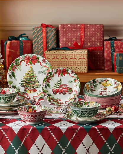 Christmas Pasta Bowls, Ceramic Salad Serving Bowl Set, 8 Inch Wide and Shallow Dinner Bowl Plate for Kitchen, Dishwasher and Microwave Safe, Set of 6