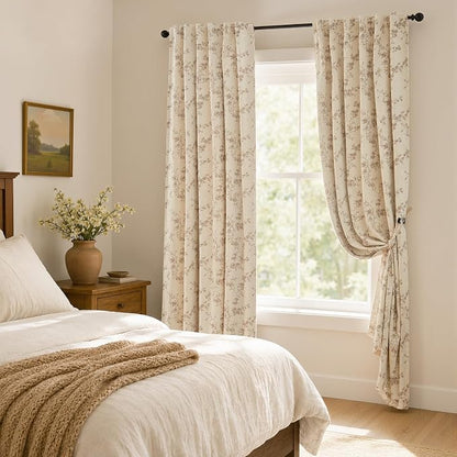 Extra Long Floral Linen Curtains Taupe on Beige 50×108 2 Panels | Elisa Series - Image 6