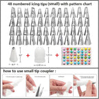 130 Pcs Piping Bags and Tips Set with 48 Numbered Icing Tips,7 Russian Tips,1 Ball Tip,2 Leaf Tips,Pattern Chart,8 Carved Pens,4 Couplers,6 Ties,50 Disposable Pastry Bags for Cake Decorating