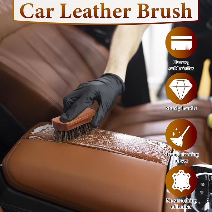 2 PCS Leather Brush Car Detailing, Horse Hair Brush, Car Cleaning Supplies - Image 5