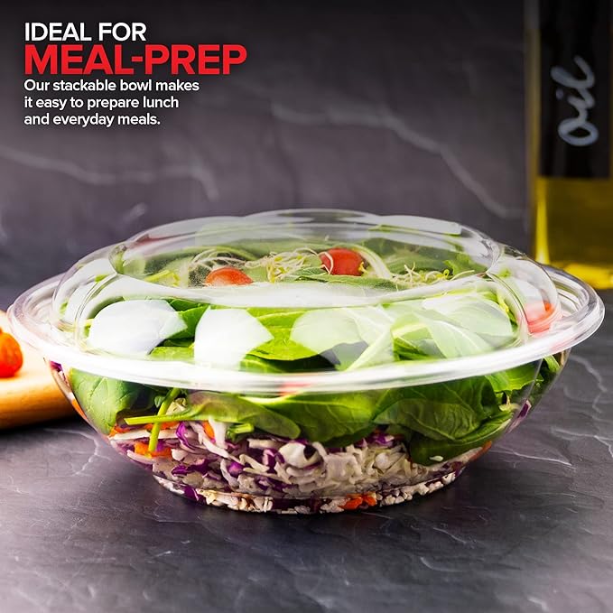 Stock Your Home 64 oz Clear Plastic Salad Bowls with Lids Disposable 120 Pack, Extra Large Takeout Containers for Fruit Salads Meal Prep and Parties