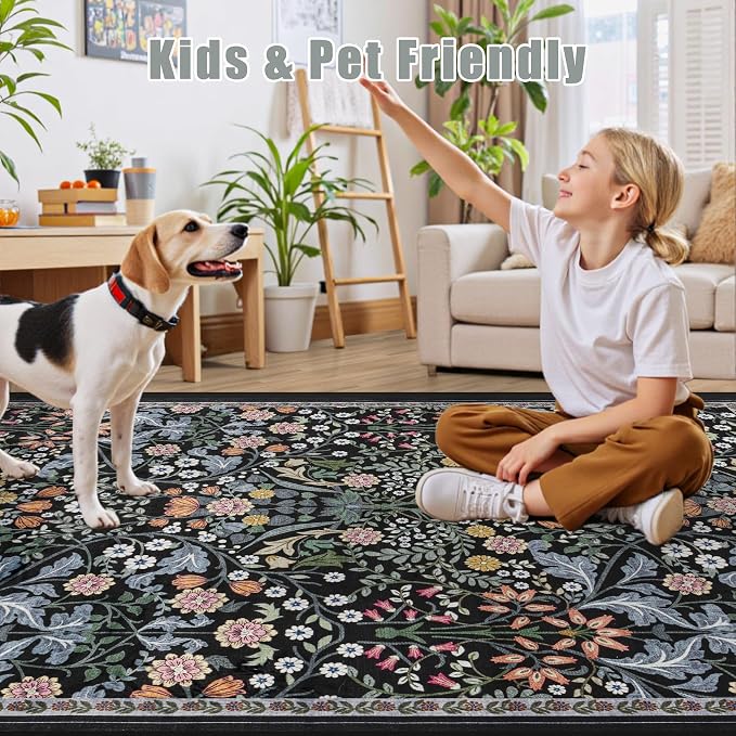 PLHXFR 3x10 Washable Runner Rug：Floral Indoor Kitchen Carpet Dark Black | - Image 6
