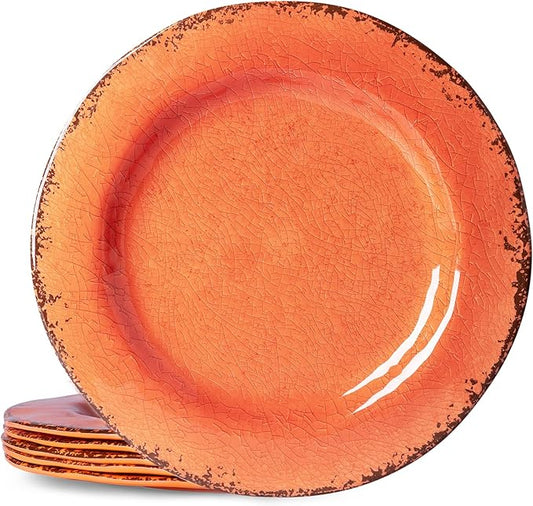 LEHAHA Rustic Farmhouse Melamine Dinner Plates Set of 6, 11 inch Lightweight Camper RV Dishes, Indoor and Outdoor Use, Reusable, Sturdy and Dishwasher Safe, Orange