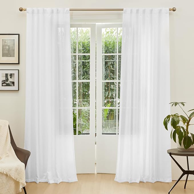 MYSKY HOME White Curtains 84 Inch Length 2 Panels Set, Semi Sheer Cotton Blend - Image 2
