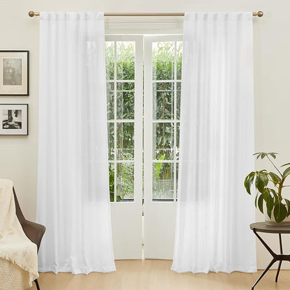 MYSKY HOME White Curtains 84 Inch Length 2 Panels Set, Semi Sheer Cotton Blend - Image 2