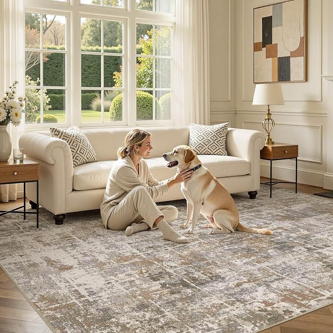 DMOYEST Area Rug Living Room Rugs 9x12 Washable Abstract Carpet | Neutral - Image 6