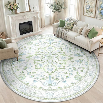 RELEANY Washable Area Rug, Round 8ft, Water Repellent, Pet Friendly, Vintage by RELEANY