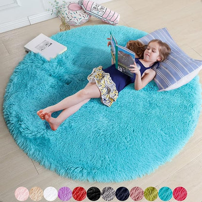 Amdrebio Blue Round Fluffy Shag Area Rug 5Ft by Amdrebio