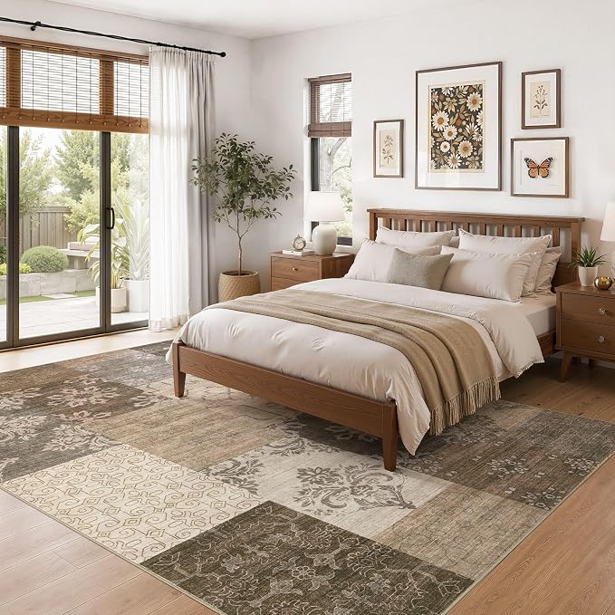UERMEI 5x7 Area Rug for Living Room, Washable Brown Modern Geometric Patchwork - Image 3