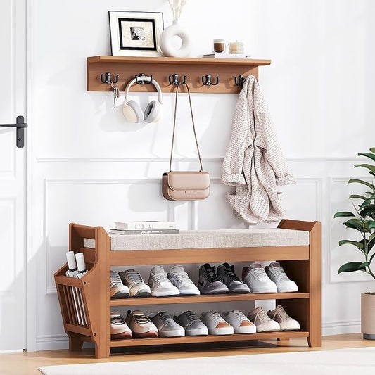 PETKABOO 31.5" Shoe Bench with Coat Rack Hidden Drawer and Side Holder by PETKABOO