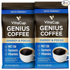 VitaCup Genius Ground Keto Coffee w/Turmeric, MCT Oil, B Vitamins, D3, Ground Coffee Medium Dark Roast, Bold & Smooth, 100% Arabica Coffee Grounds, 2 bags, 11oz each