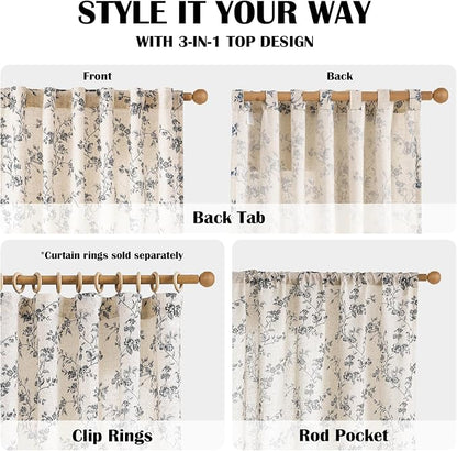 Extra Long Black Vintage Floral Linen Curtains Farmhouse 2 Panels | Elisa Series - Image 4