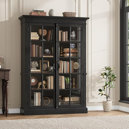 QUW Modern 65" Tall Display Cabinet, Farmhouse Curio Cabinets - Image 4