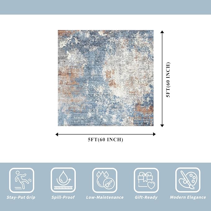 5x5 Square Rug for Living Room Machine Washable Non-Slip Area Rug for Kitchen - Image 2