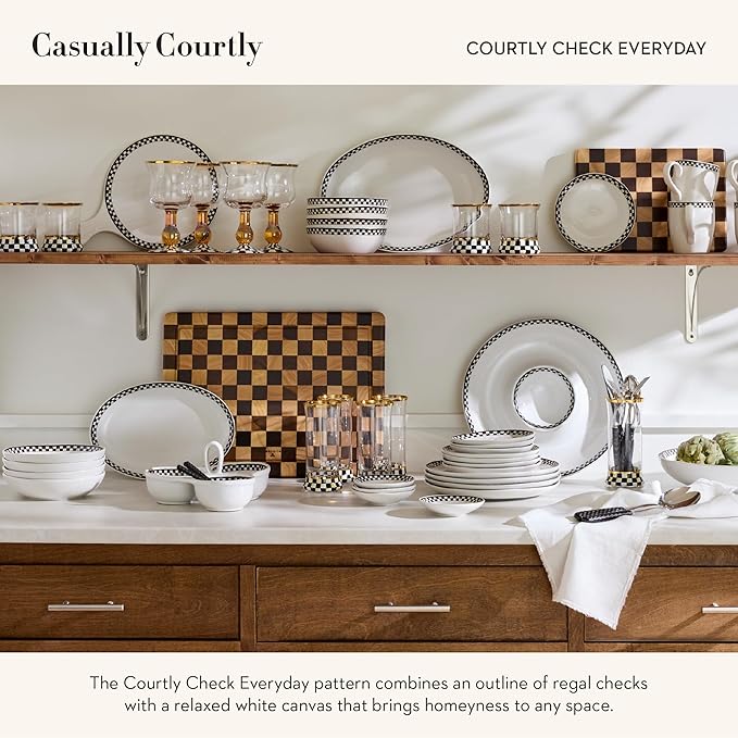 MACKENZIE-CHILDS Set of 4 Everyday Small Plates, Microwave-Safe and Dishwasher-Safe Stoneware Salad Plates, Black-and-White Courtly Check