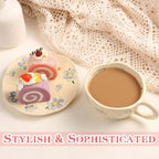 Cappuccino Cups with Saucers 8 oz Latte Art Cup Ceramics Coffee Mugs Irregular Aesthetic Flower Cups for Espresso, Double Shot, Americano, Latte, Tea - Microwave and Dishwasher Safe (Blue Flowers)