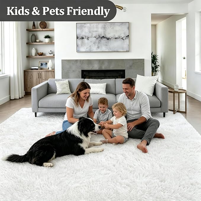 Area Rug Living Room Bedroom: 4x6 Fluffy Plush Shag Carpet Ivory | - Image 4