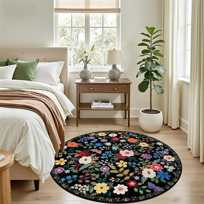 PLHXFR Round Area Rug Living Room: 4 ft Floral Washable Soft Carpet Black | - Image 3